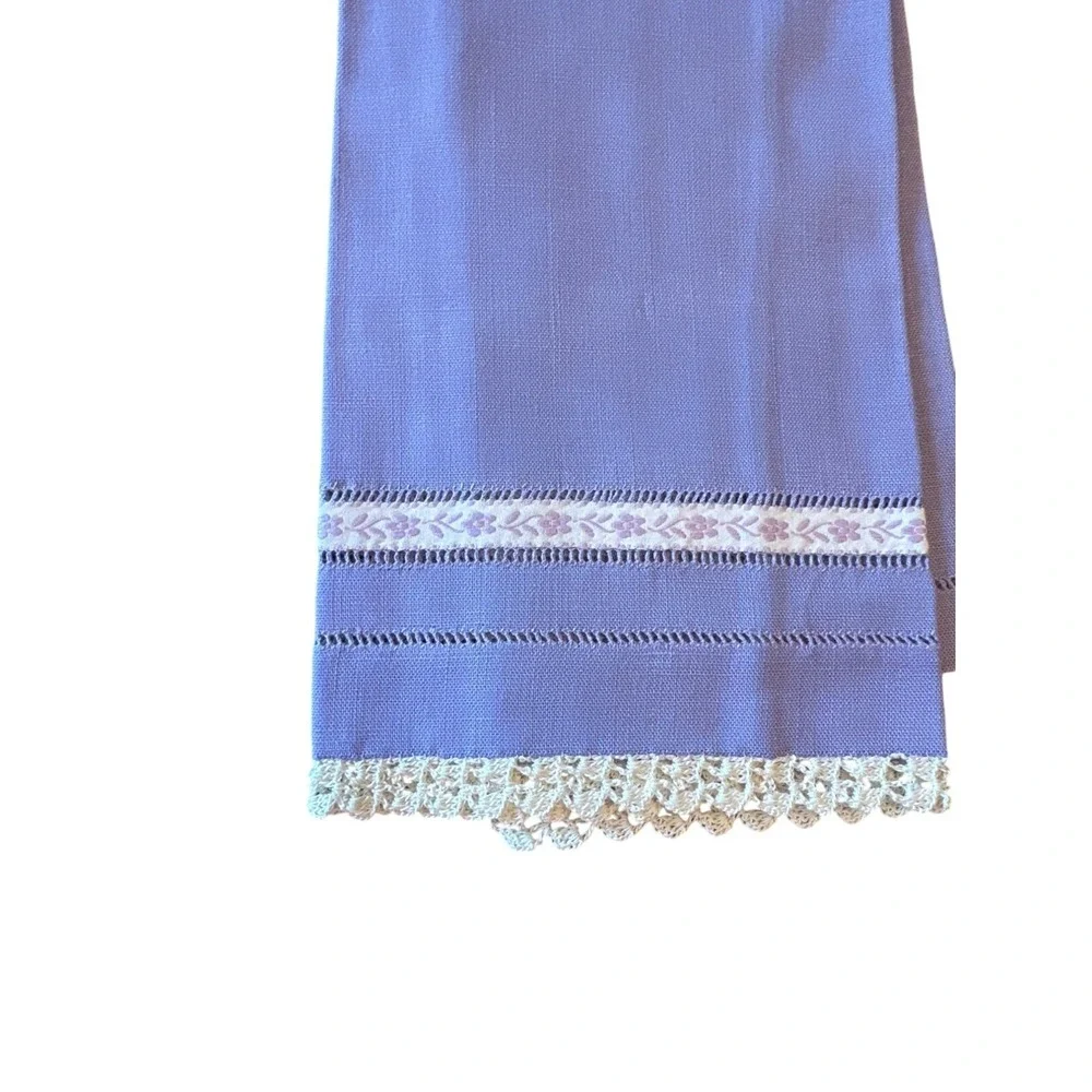 Vintage Yellow & Lavender Linen Hand Towels With Lace Trim & Embroidered Details